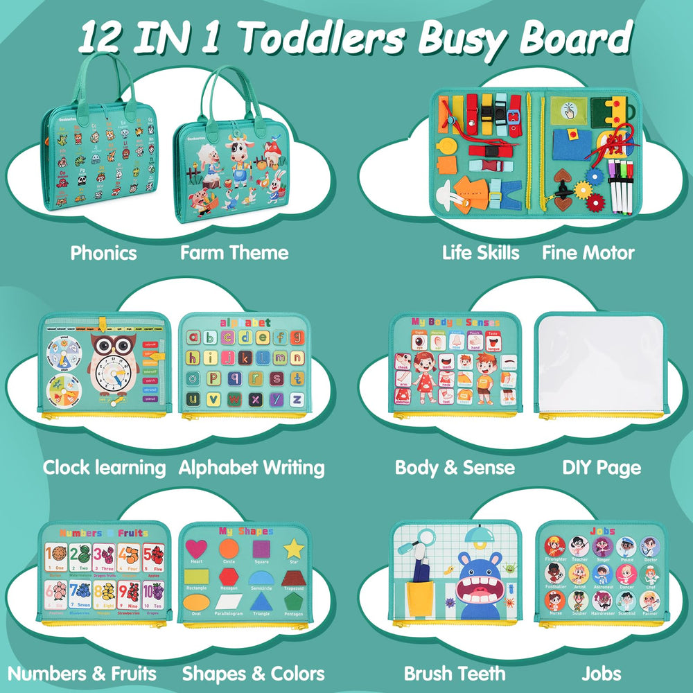 Goobaetoy Busy Board close-up shows zippers and buckles supporting skill development