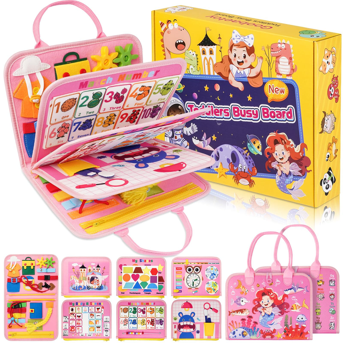 Goobaetoy Busy Board buttoning activity aids fine motor development during play.