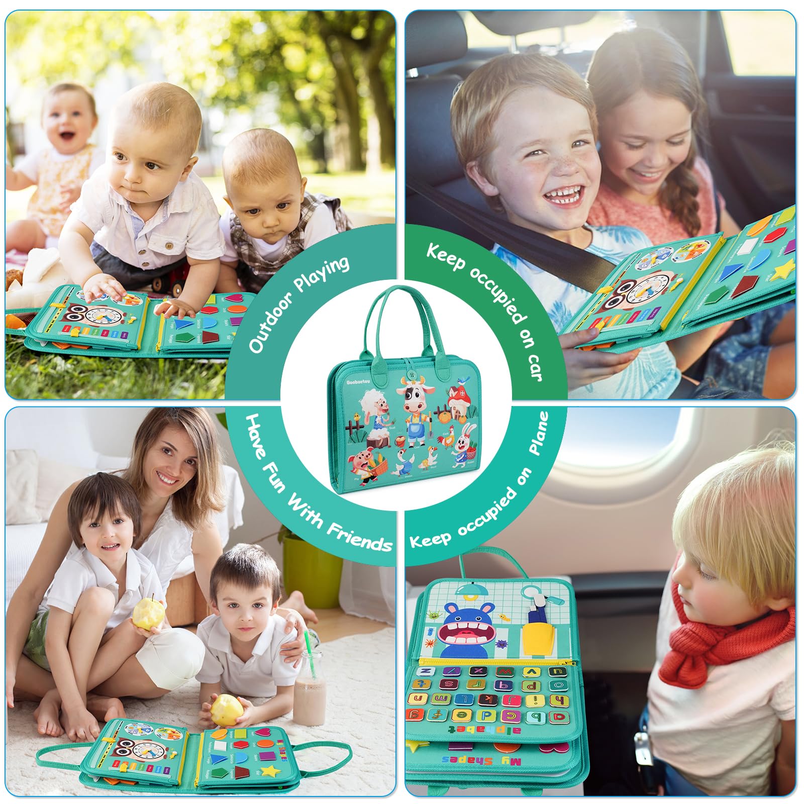 Goobaetoy Busy Board travel-ready design demonstrated for on-the-go learning