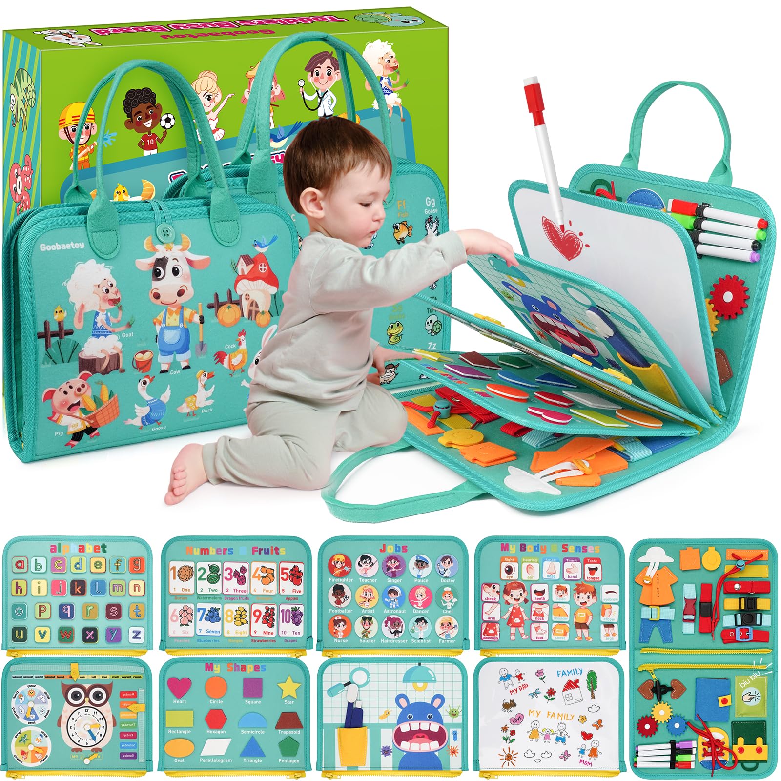 Goobaetoy Montessori Busy Board cyan cover displays 32 activities for fine motor practice