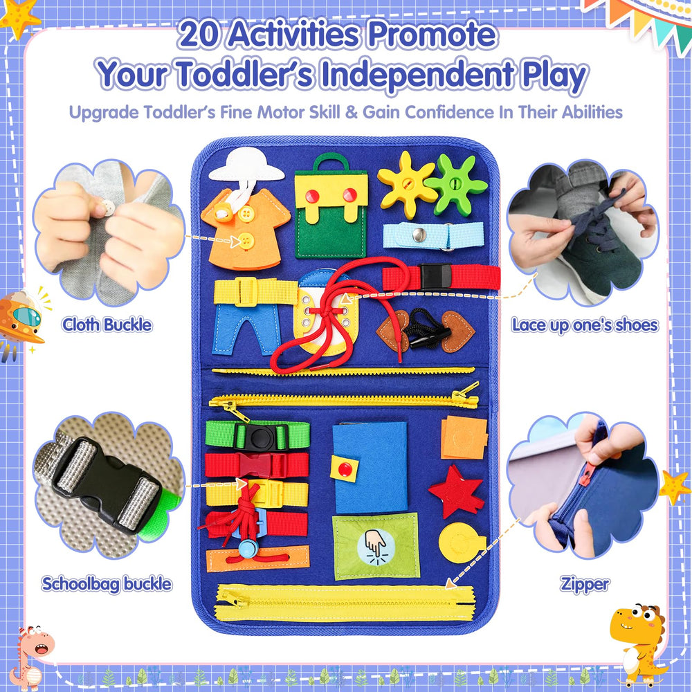 Goobaetoy Busy Board buttoning activity helps toddlers practice grip and hand-eye coordination.