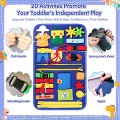 Goobaetoy Busy Board buttoning activity helps toddlers practice grip and hand-eye coordination.