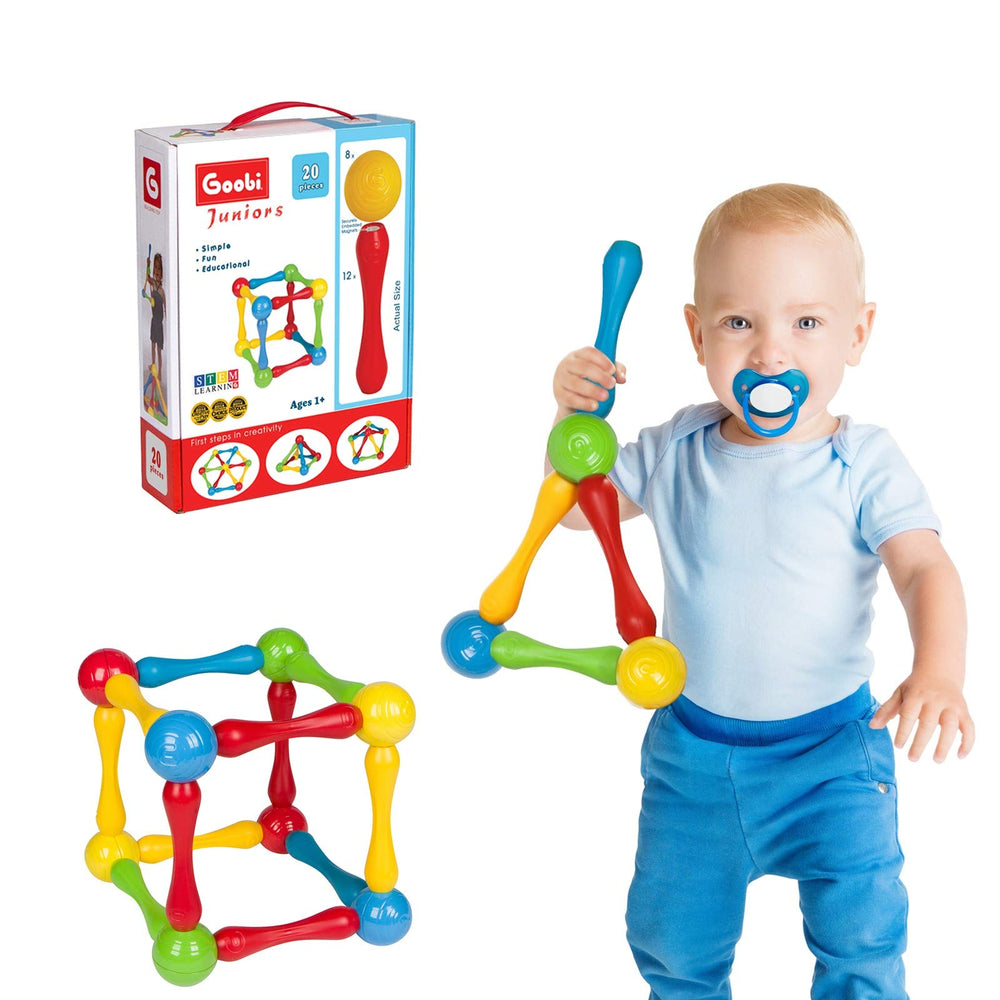 Goobi construction set bars and balls engage tactile play and imaginative building.