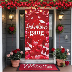 GOOD FEEL KING Galentines banner draped along hallway creates festive ambiance.