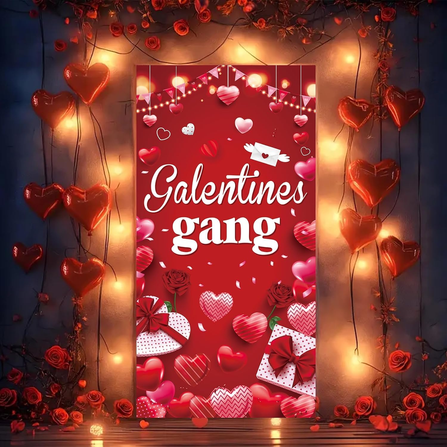 GOOD FEEL KING Galentines banner hangs via holes for quick setup.