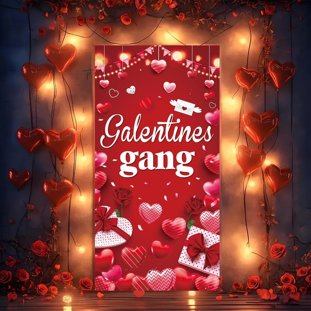 GOOD FEEL KING Galentines banner hangs via holes for quick setup.