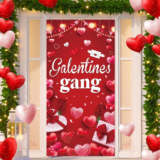 GOOD FEEL KING Galentines door cover creates a bold doorway backdrop for celebrations.