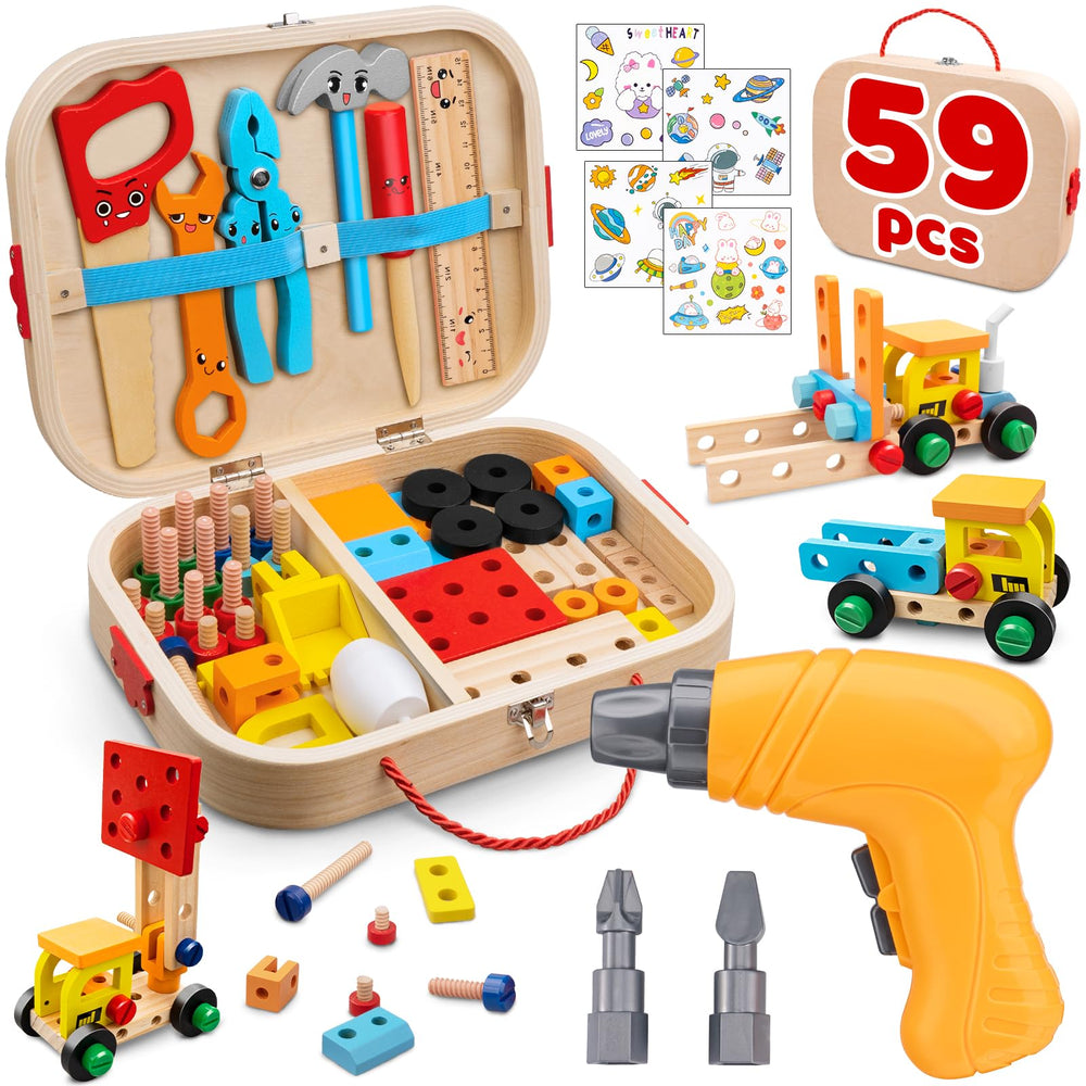Goodfuns kids tool set in wooden box with electric drill for safe imaginative play