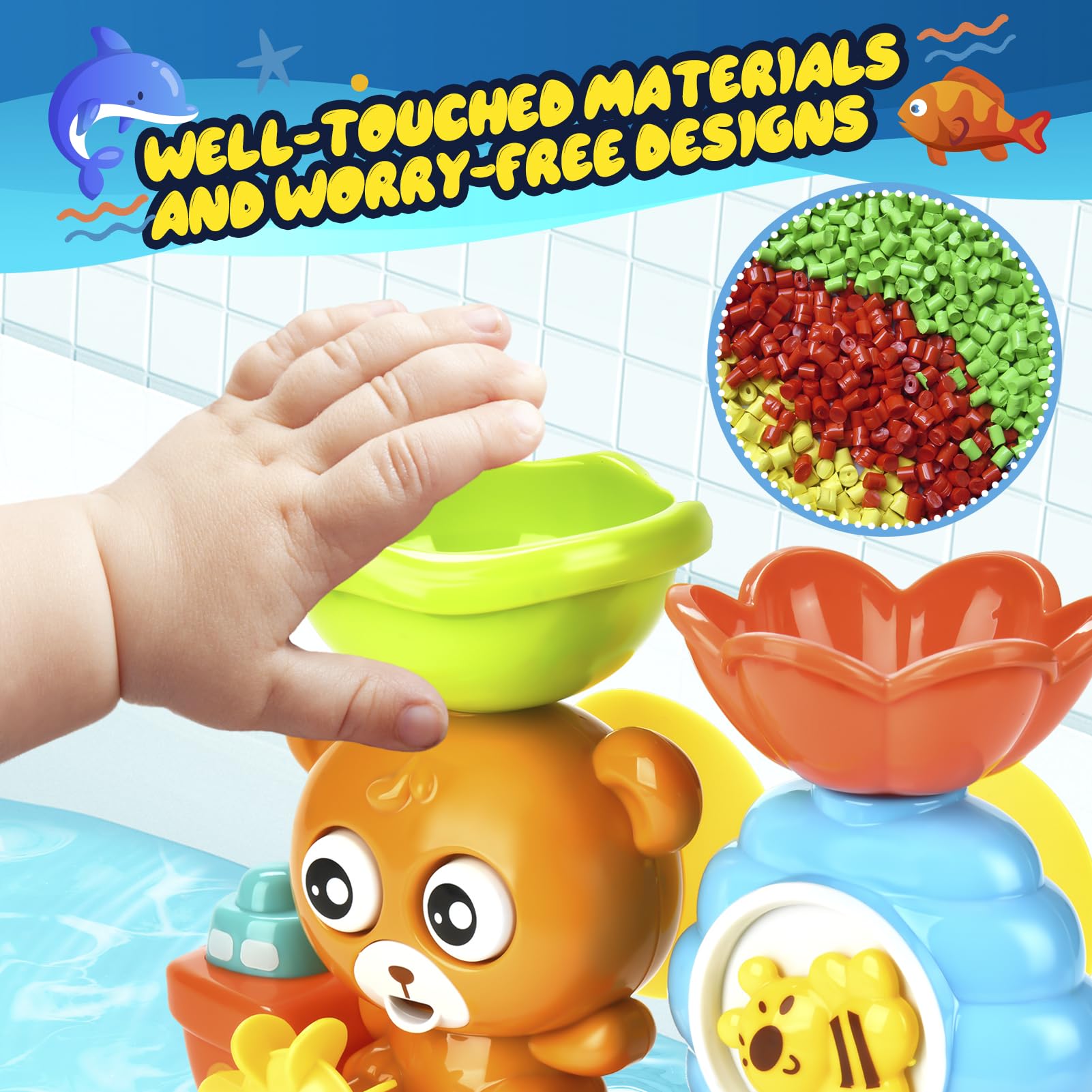 GOODLOGO bath toy with strong suction mounts securely to smooth surfaces.