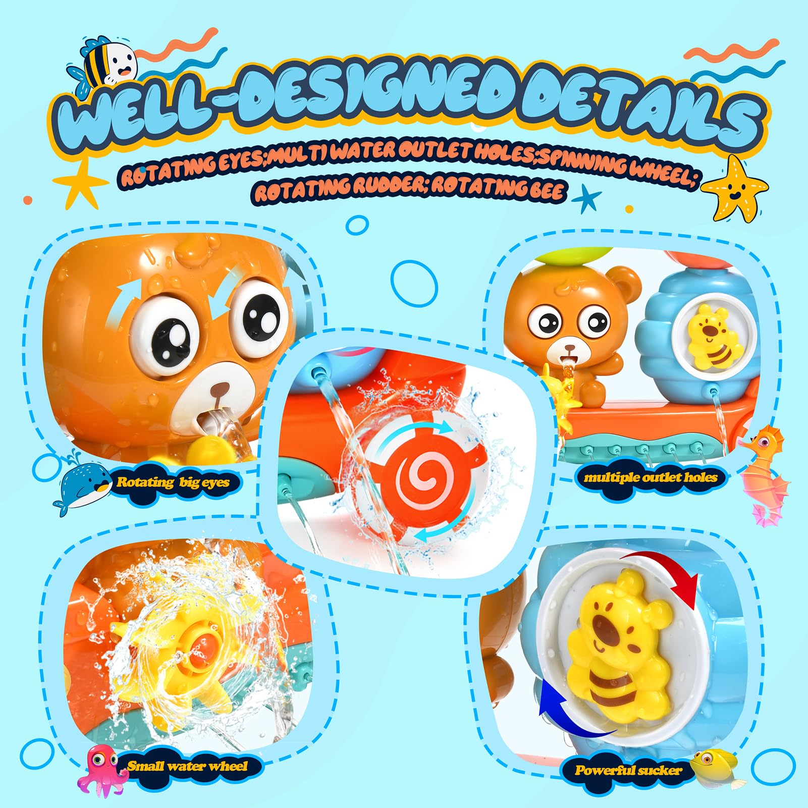 GOODLOGO Bear bath toy pipe outlet in boat shape for pouring fun.
