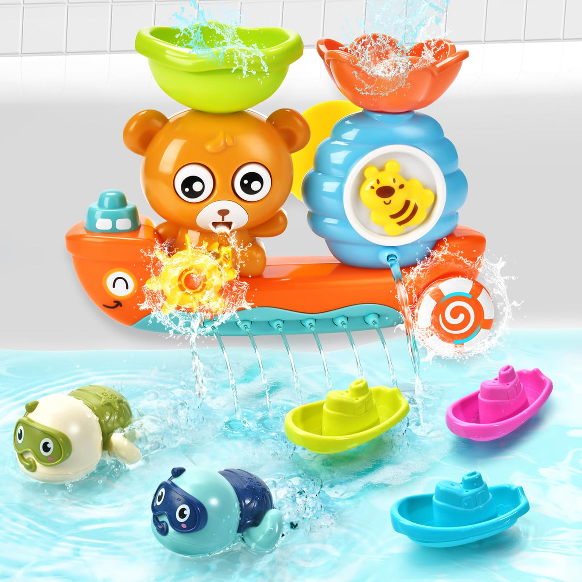 GOODLOGO bear waterfall tub wall toy sticks securely for interactive bath play.