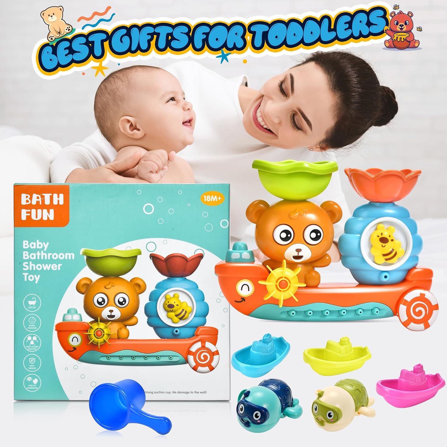 GOODLOGO gift-ready bath toy set for toddlers 18 months and up.