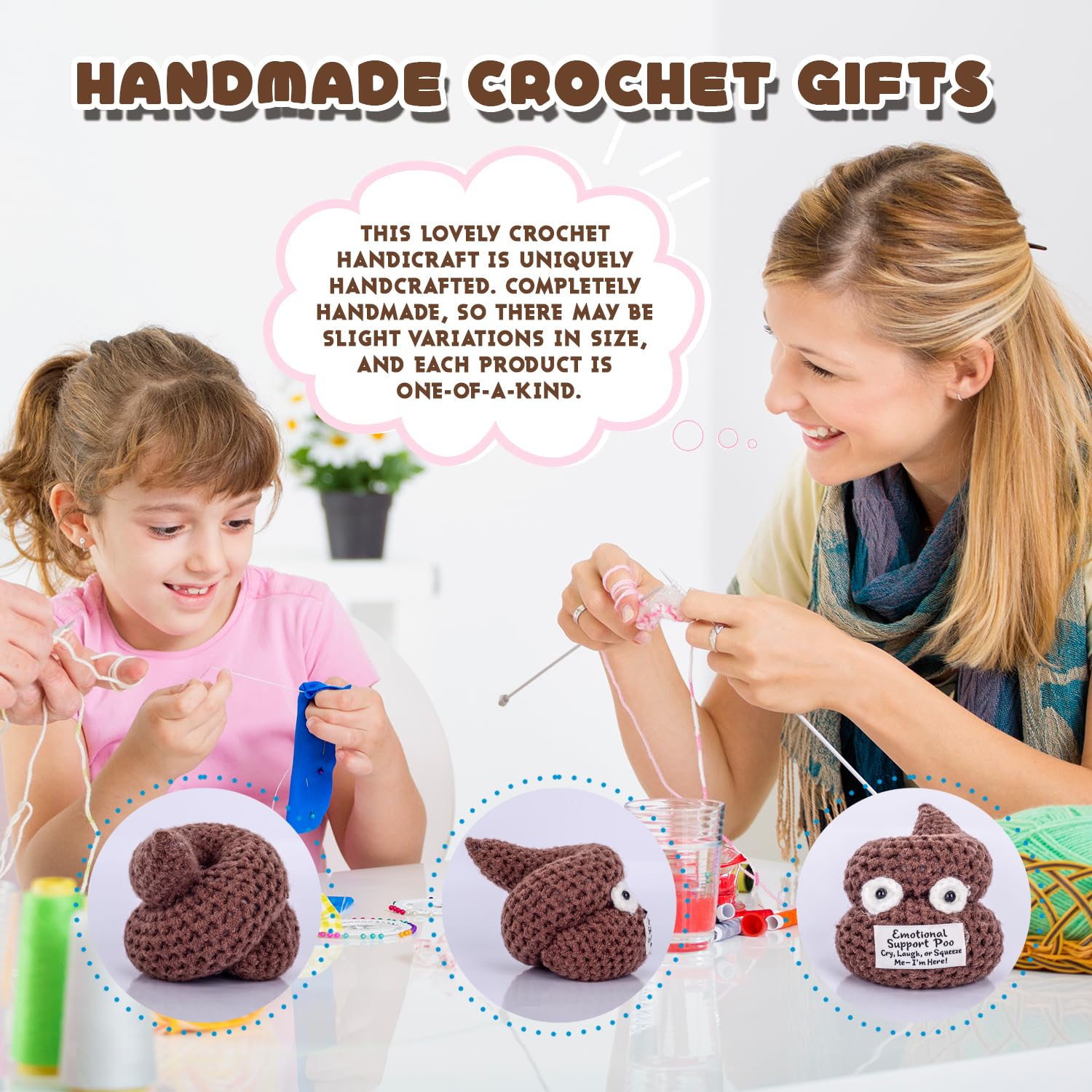 GOODLYSPORTS Crochet poop plush on couch as a playful adult gag gift.