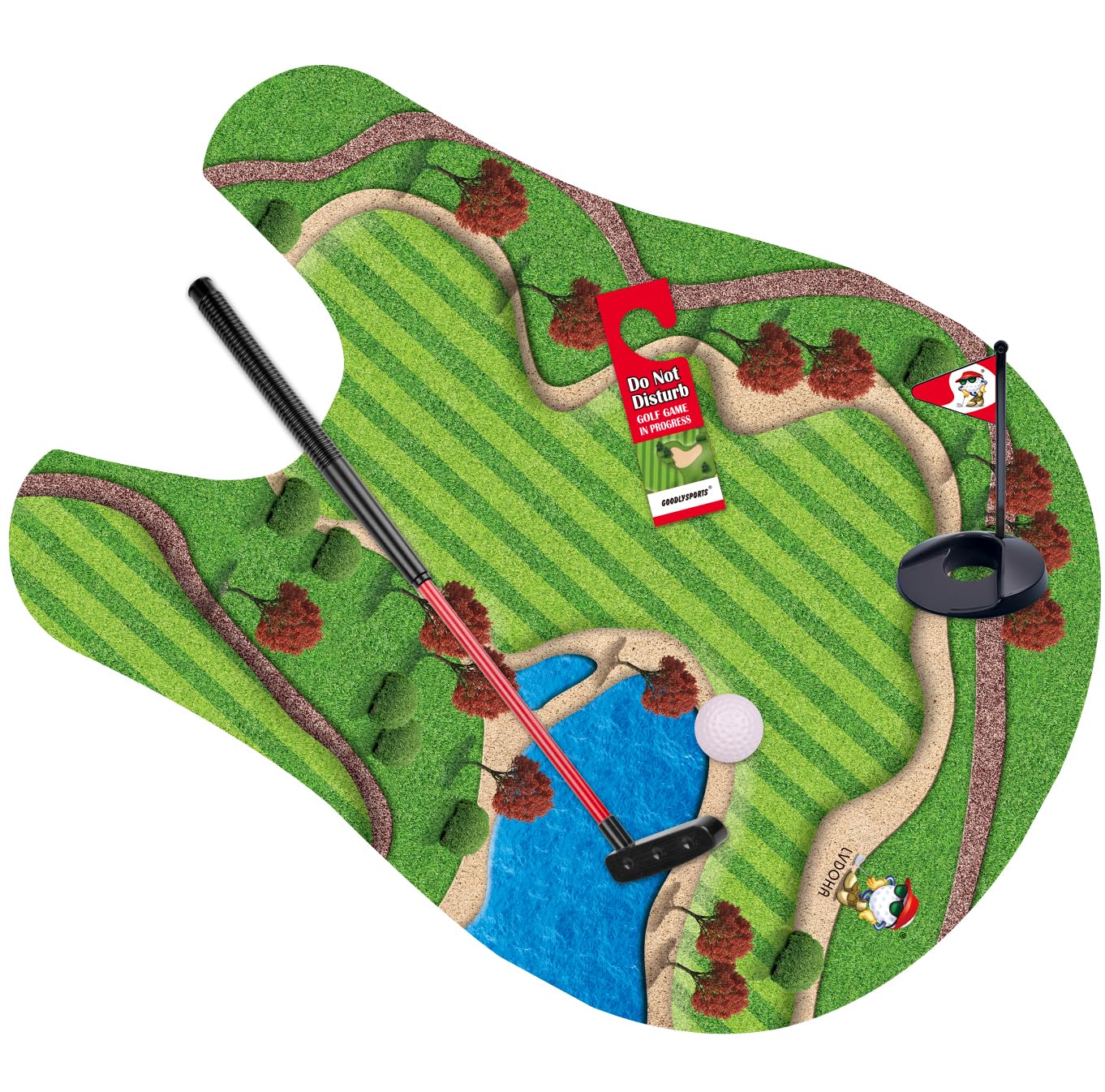GOODLYSPORTS Toilet Golf mini-green setup enables easy in-bathroom play during breaks.