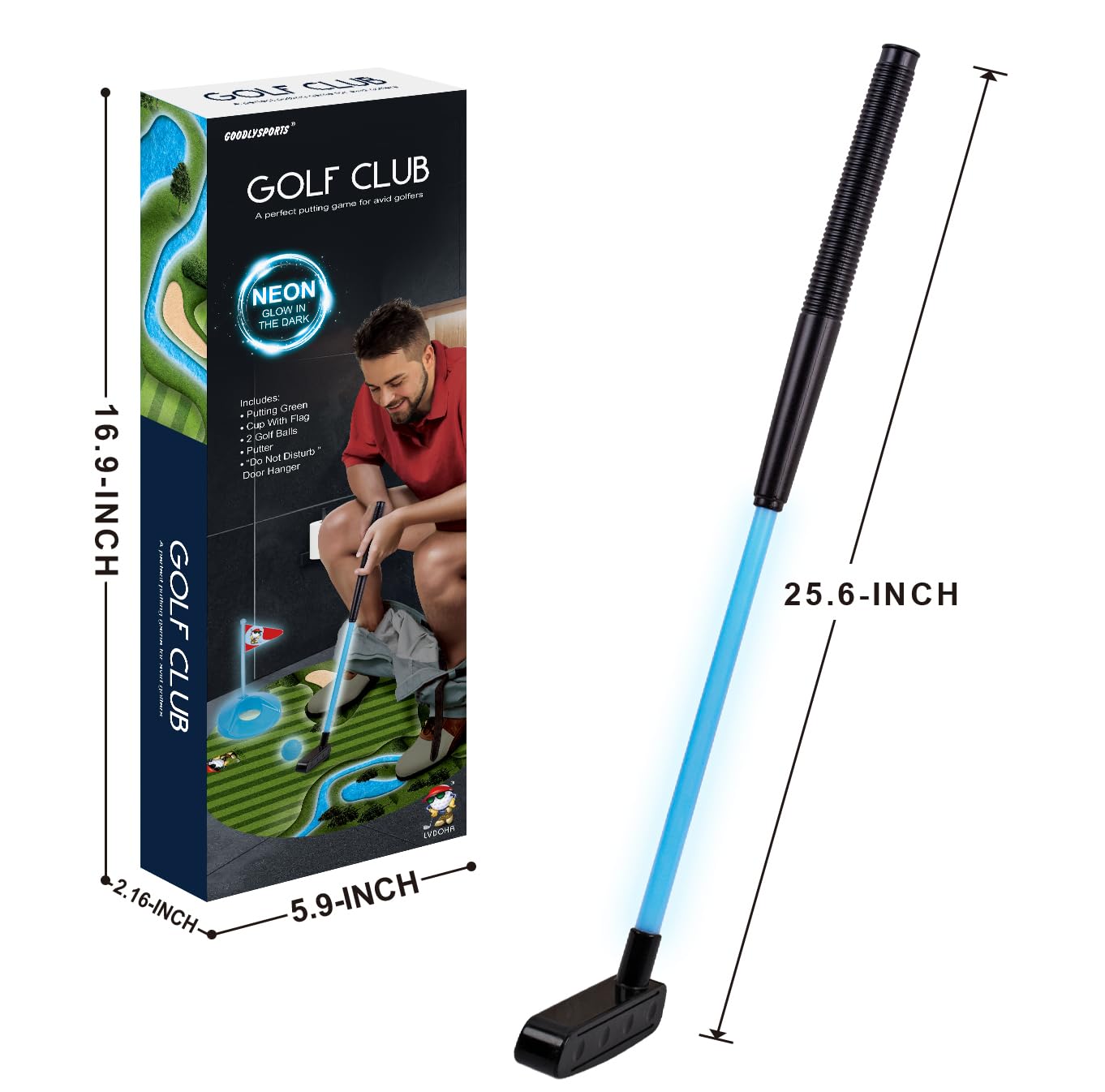 GOODLYSPORTS Glow toilet golf playscene highlights night-time fun and friendly competition.
