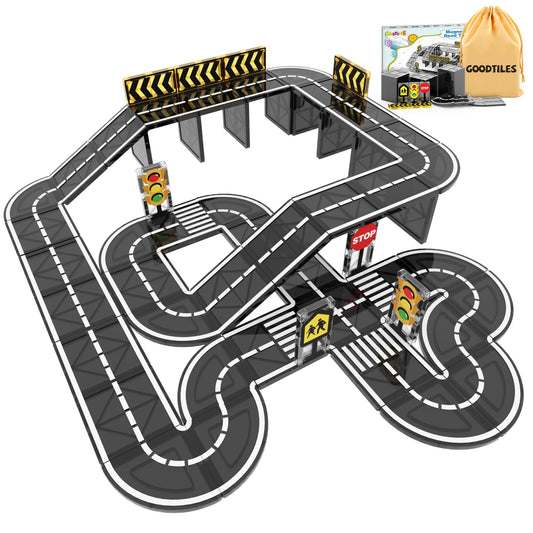 Goodtiles magnetic road expansion set tiles enable versatile, creative road layouts for kids.