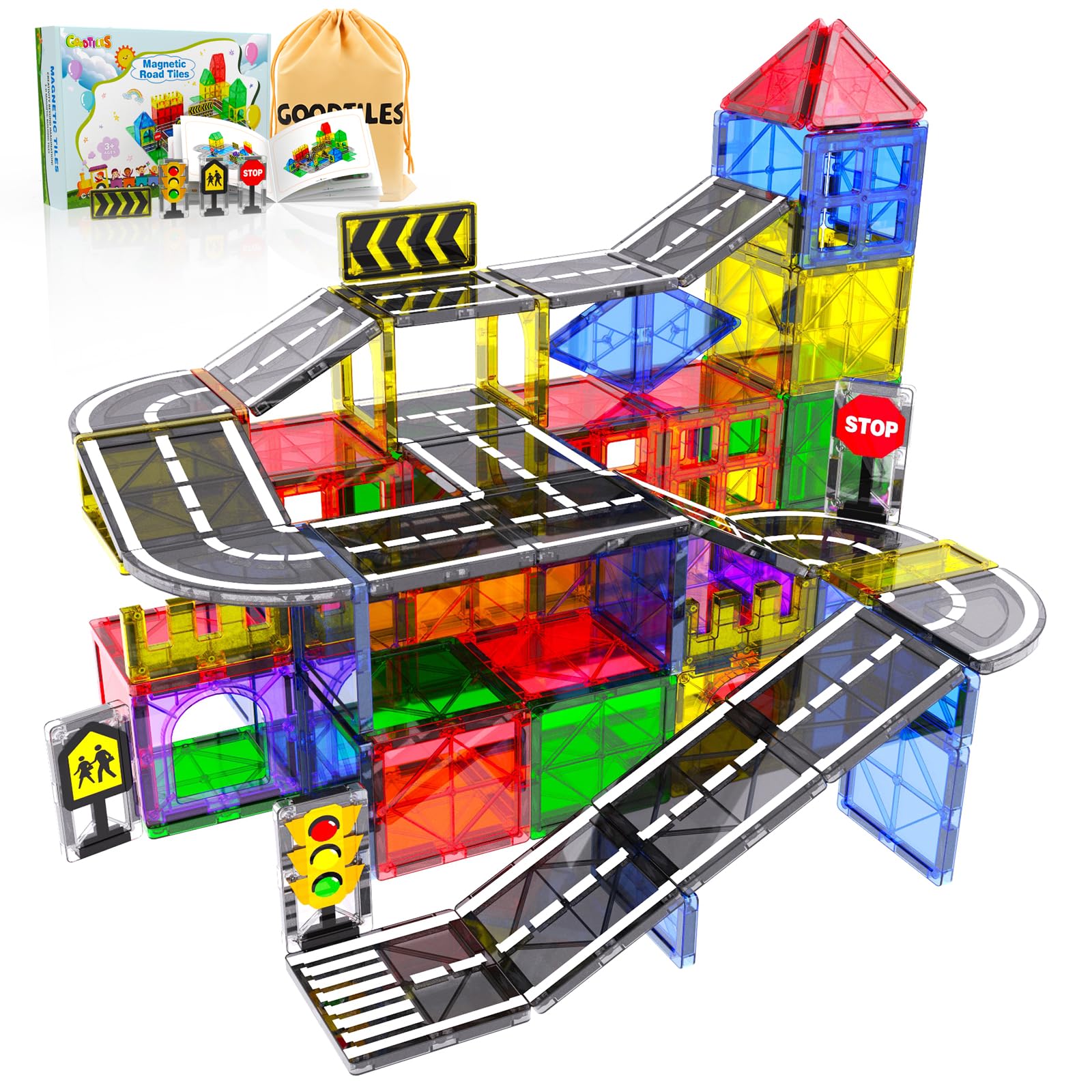 Goodtiles Magnetic Tiles Road Set shows an intersection layout for imaginative traffic planning.