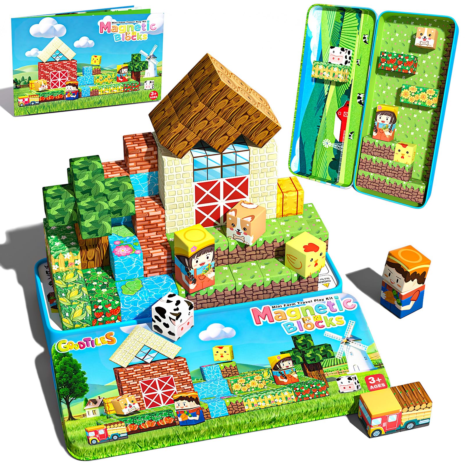 Goodtiles mini magnetic blocks with farm patterns spark imaginative play and fine motor skills.