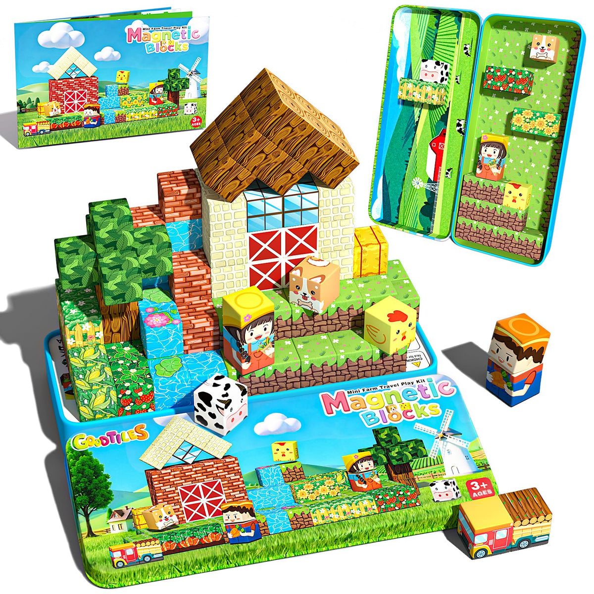 Goodtiles mini magnetic blocks with farm patterns spark imaginative play and fine motor skills.