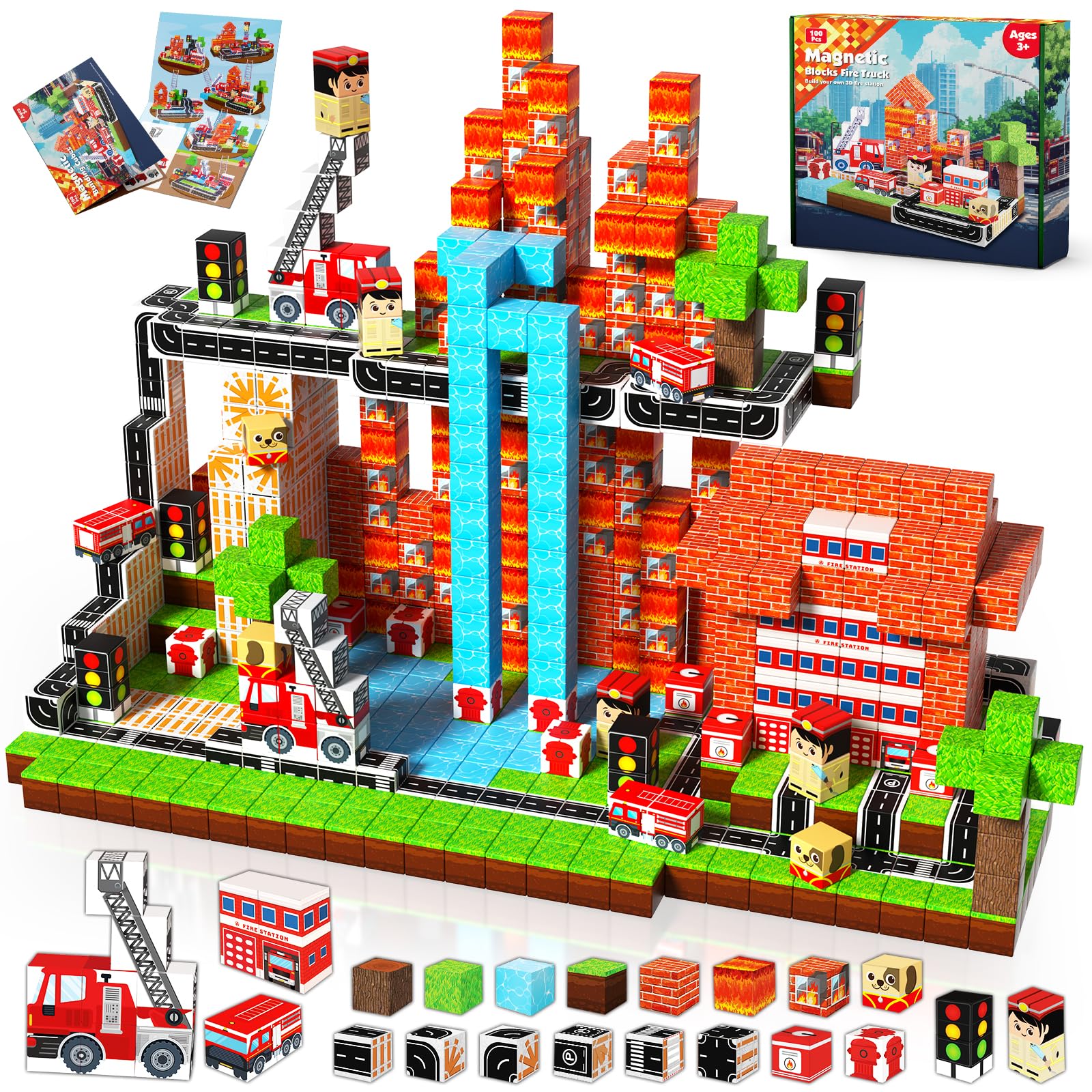 Goody King fire truck magnetic blocks 100-piece set for creative play