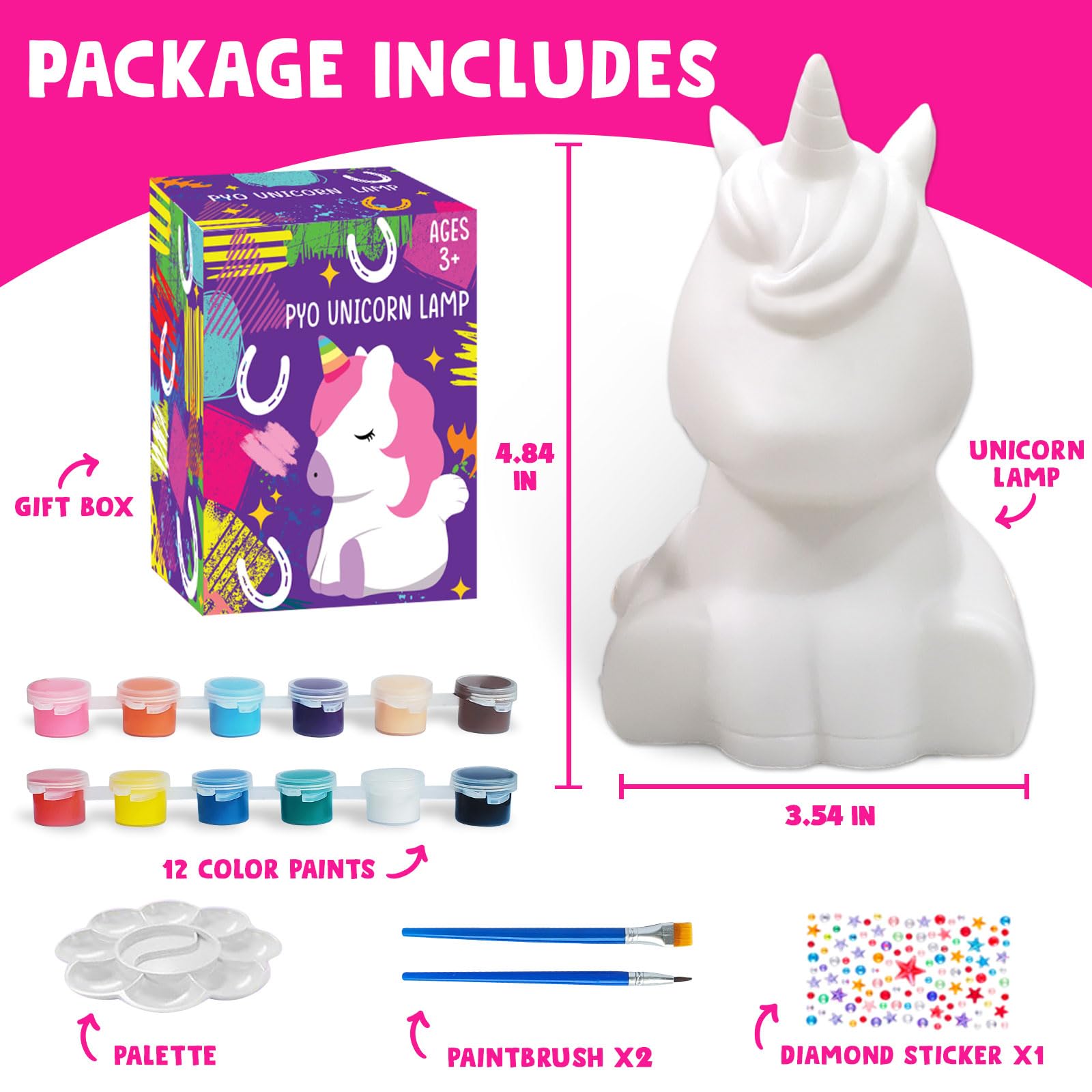 Goody King unicorn lamp painting session shows brushes and colors for kids.