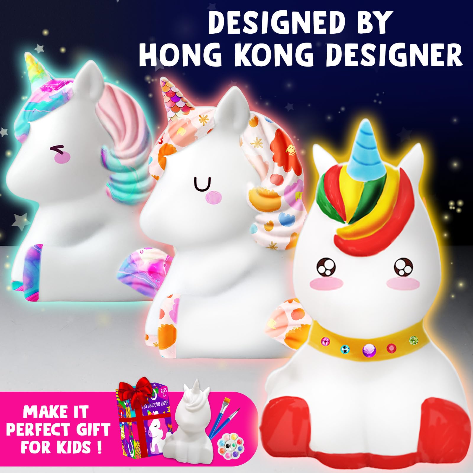 Goody King unicorn night-light display glowing with painted finish.