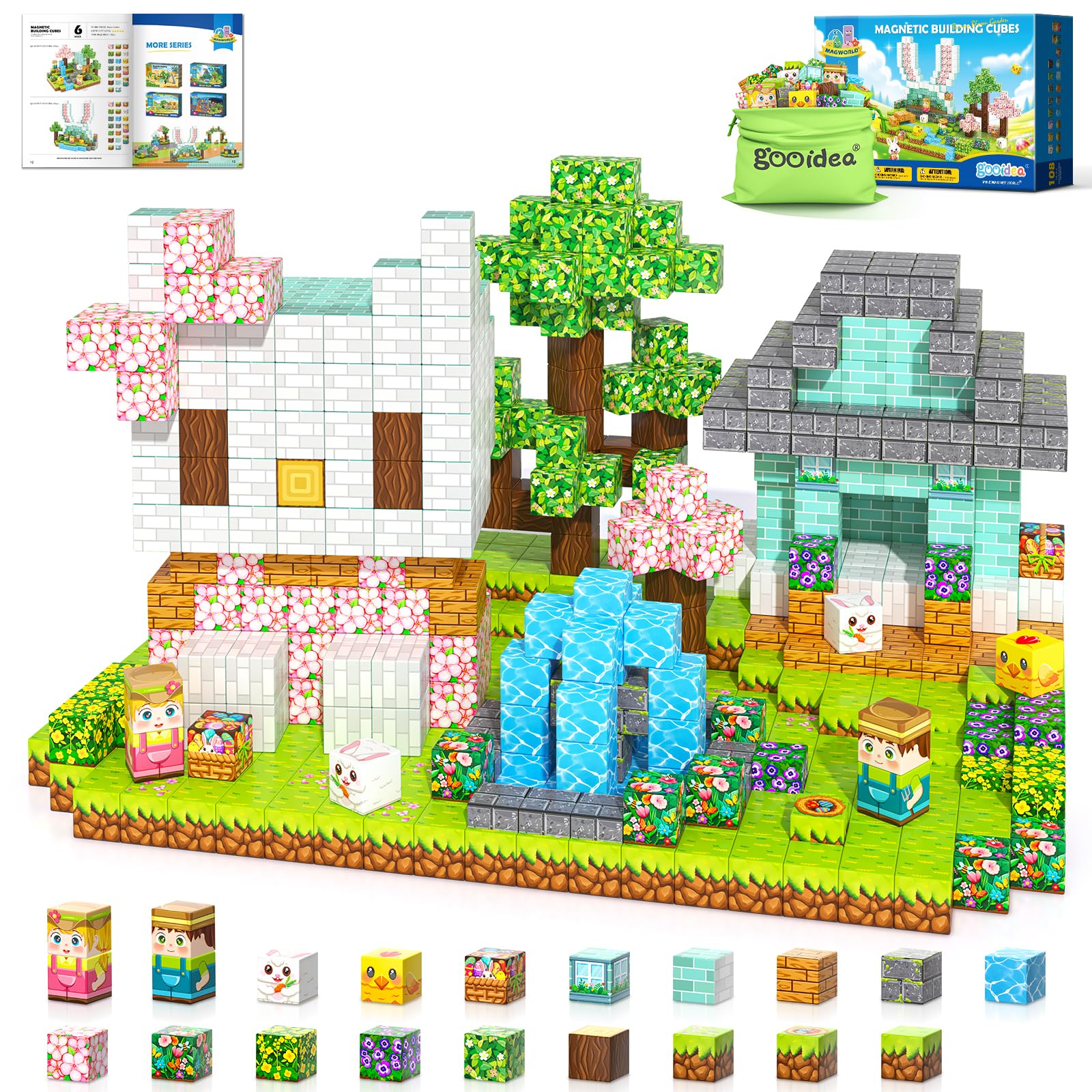 Gooidea 108pcs magnetic blocks close-up showcases colorful pieces that boost fine motor skills.