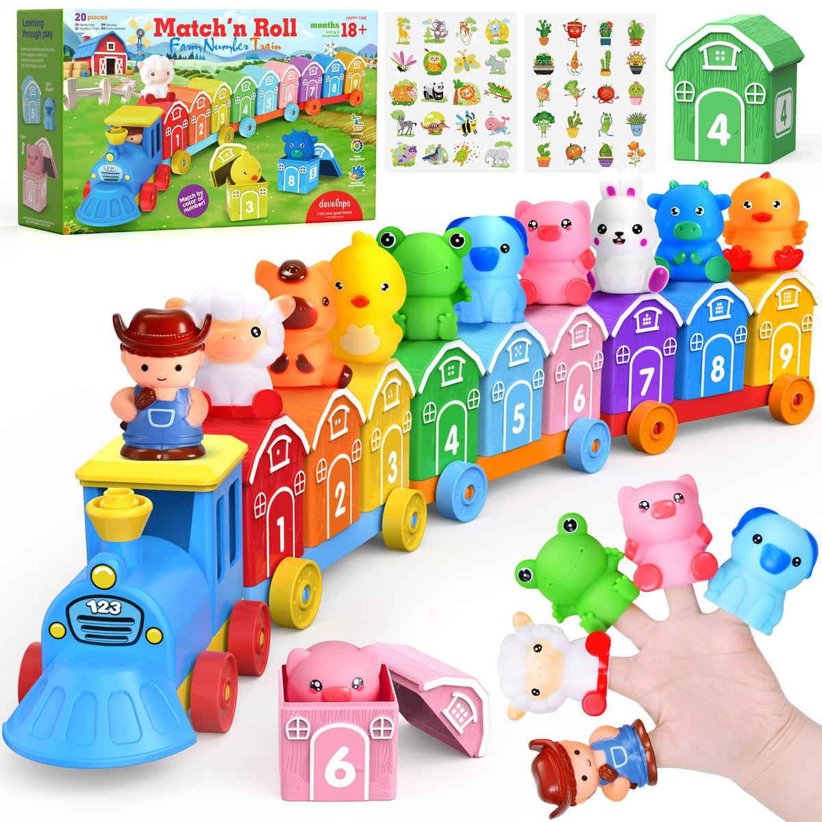 GooMags Montessori farm train barns show color-coded numbers for counting