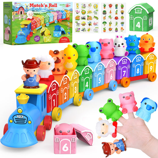 GooMags Montessori farm train barns show color-coded numbers for counting