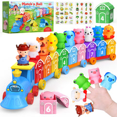 GooMags Montessori farm train barns show color-coded numbers for counting