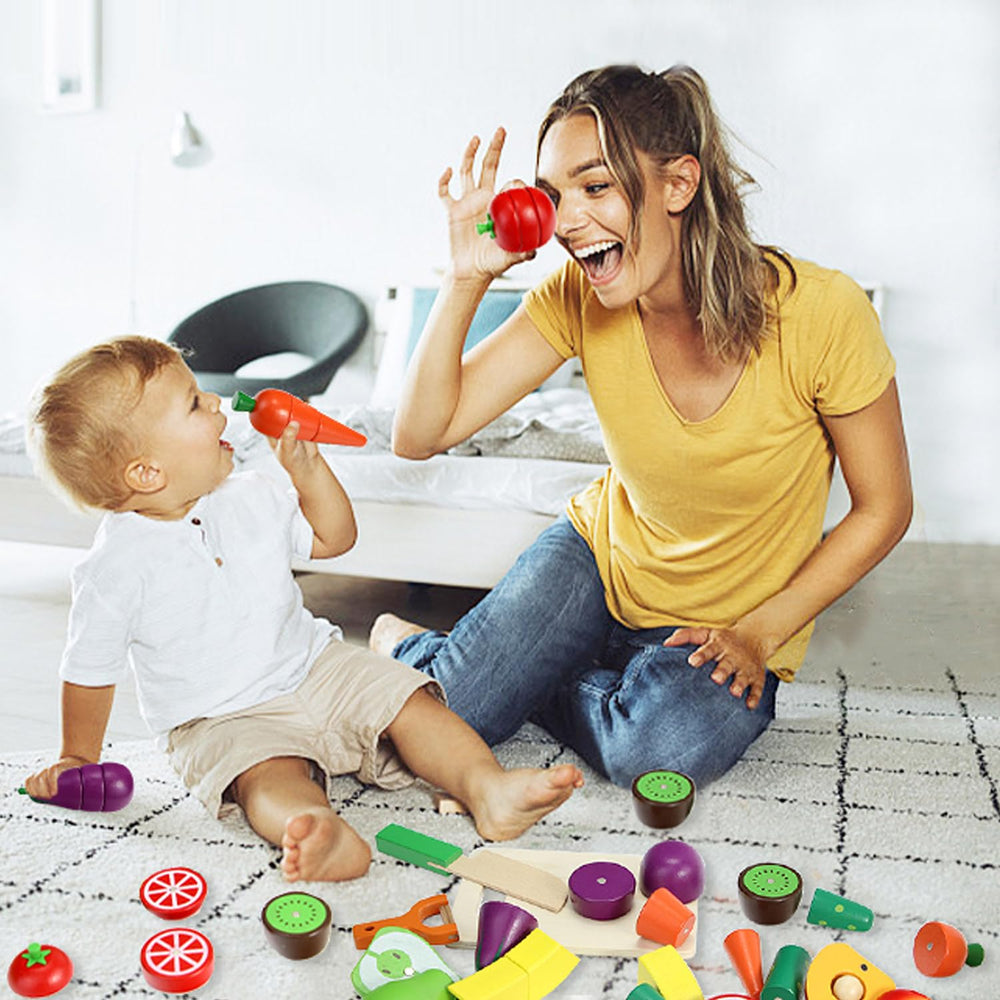 GOPLACS pear wooden play food for pretend kitchen, fosters hand-eye coordination.
