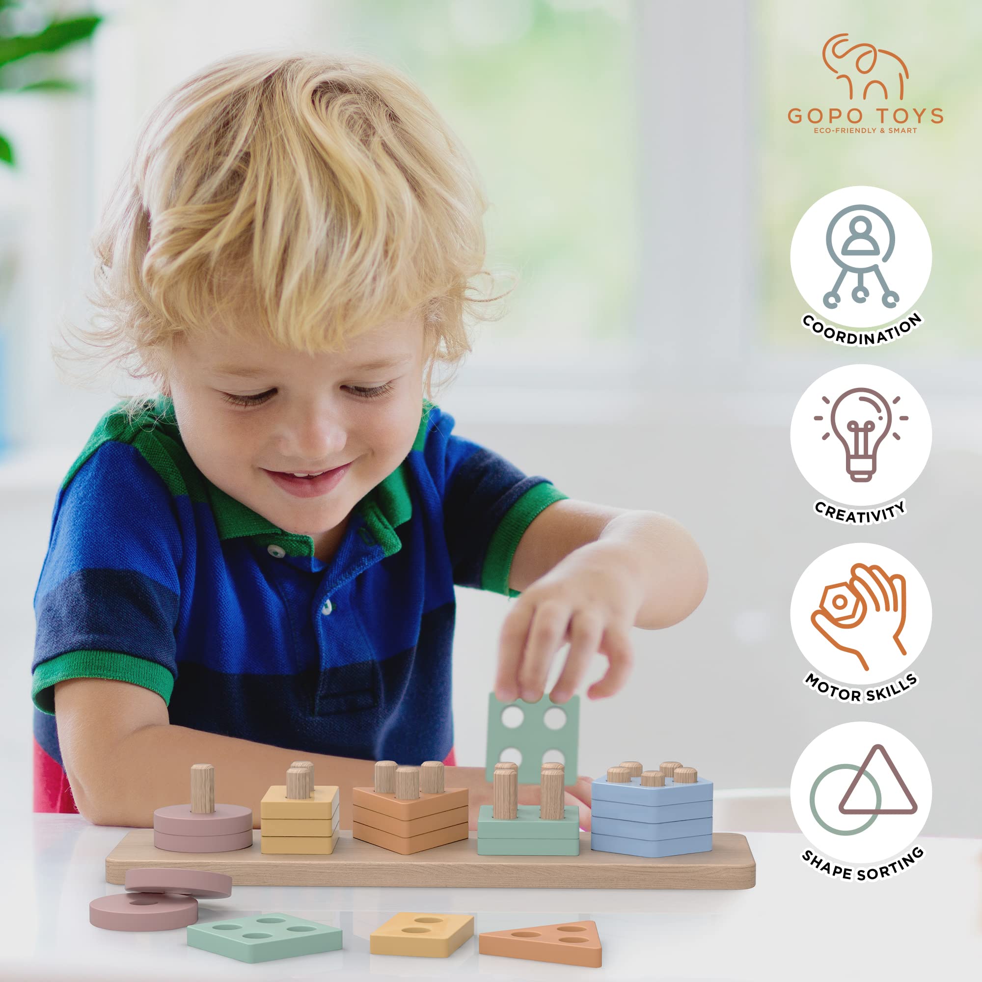 GOPO TOYS geometric bases puzzle board aids spatial awareness and problem solving.