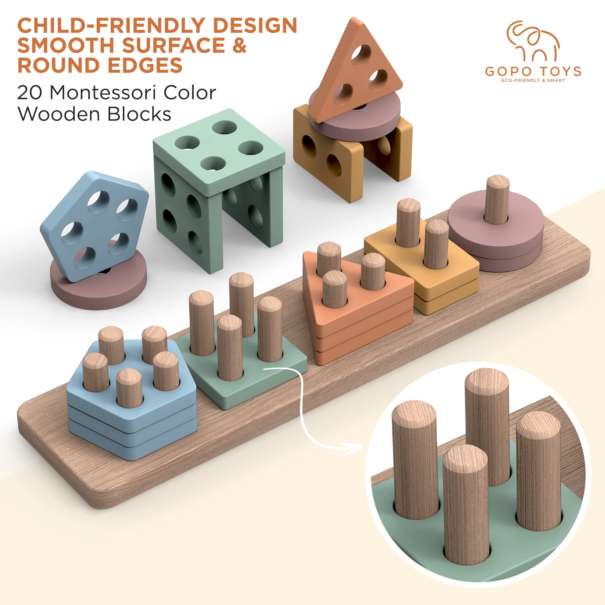 GOPO TOYS wooden puzzle pieces stack supports fine motor skills during stacking activity.