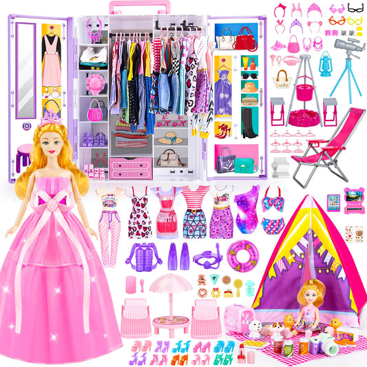 Gorispi doll closet with 11.5-inch doll shows organized storage for quick outfit changes.