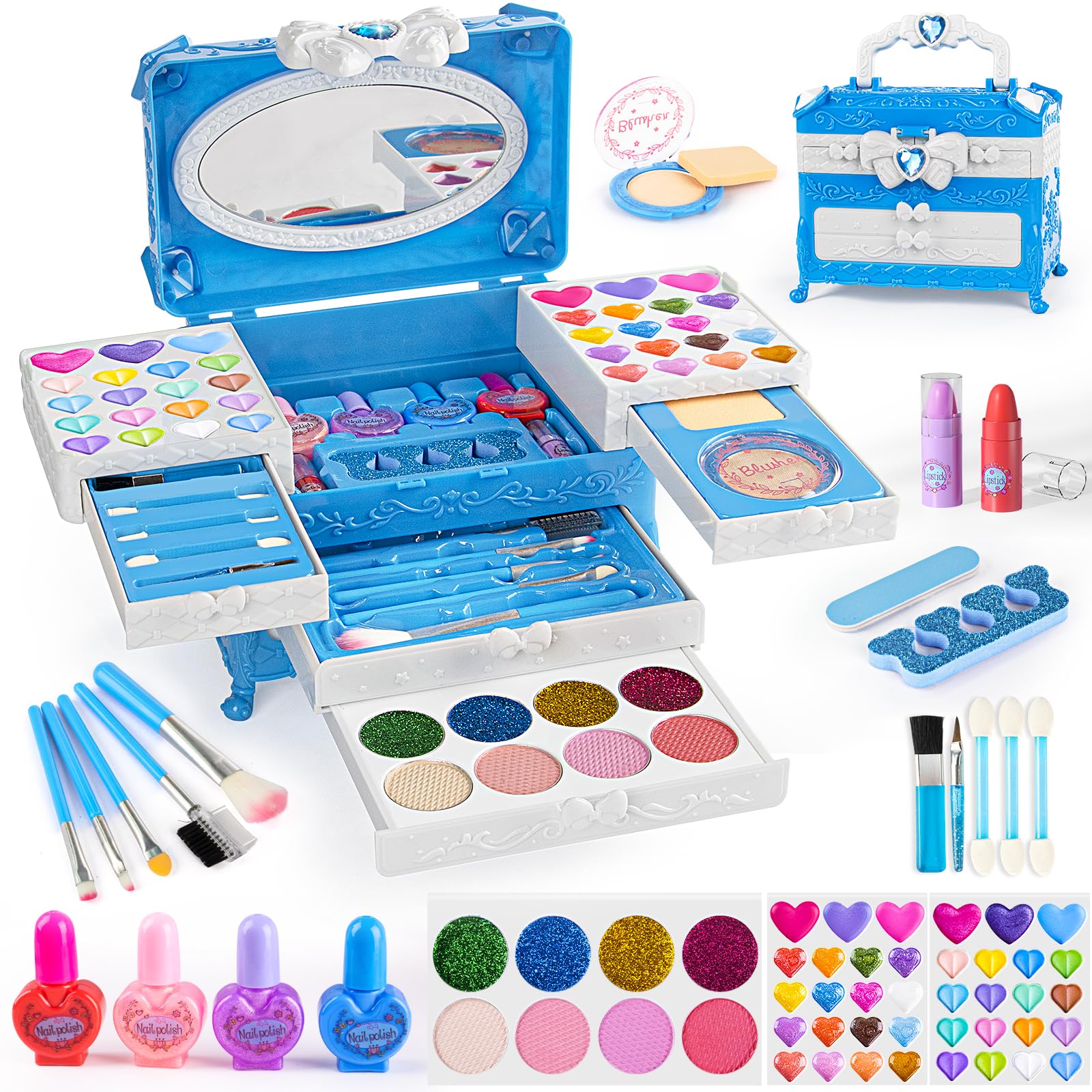 GORISPI kids makeup set with blue case and mirror for mess-free play