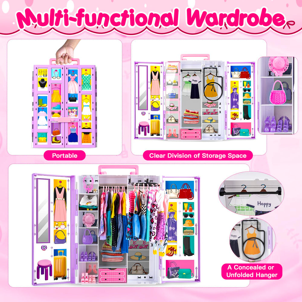 Gorispi mixed clothing and hangers support organized, creative wardrobe play.