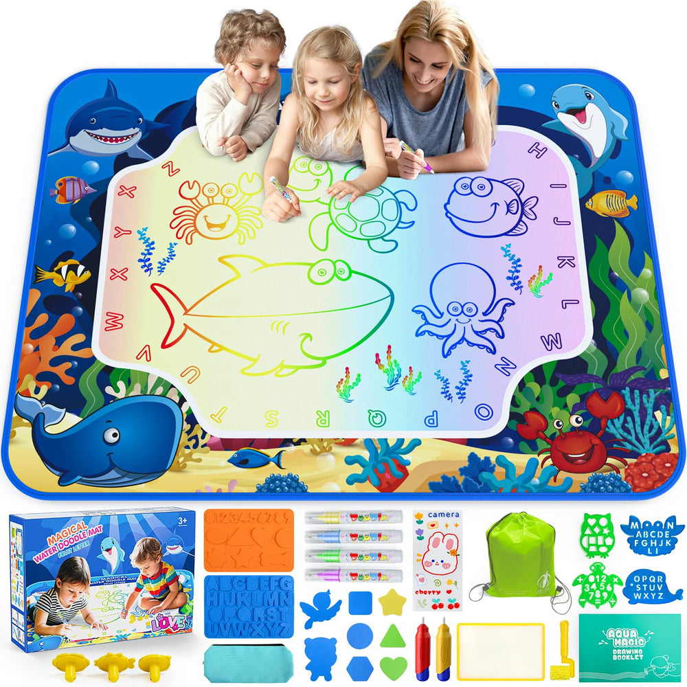 Gorispi Water Doodle Mat shows a large 40x32 inch drawing area for shared, mess-free drawing.
