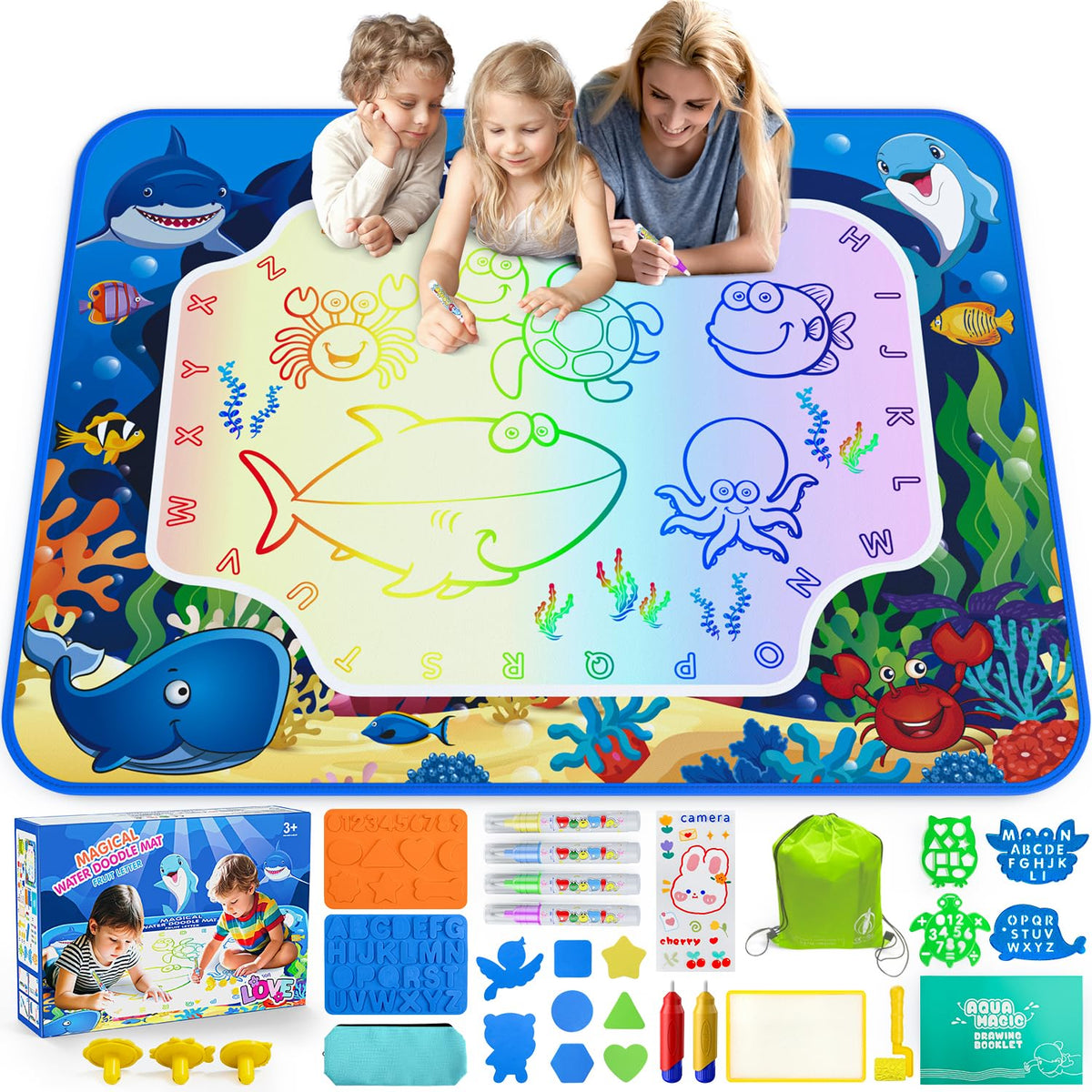 Gorispi Water Doodle Mat shows a large 40x32 inch drawing area for shared, mess-free drawing.