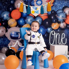 Gostman Outer Space One high chair banner celestial theme ties party colors.