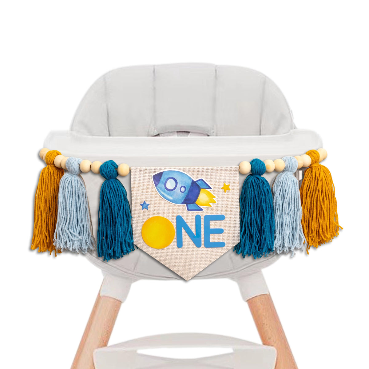Gostman Outer Space One high chair banner rocket illustration for photo-worthy moments.