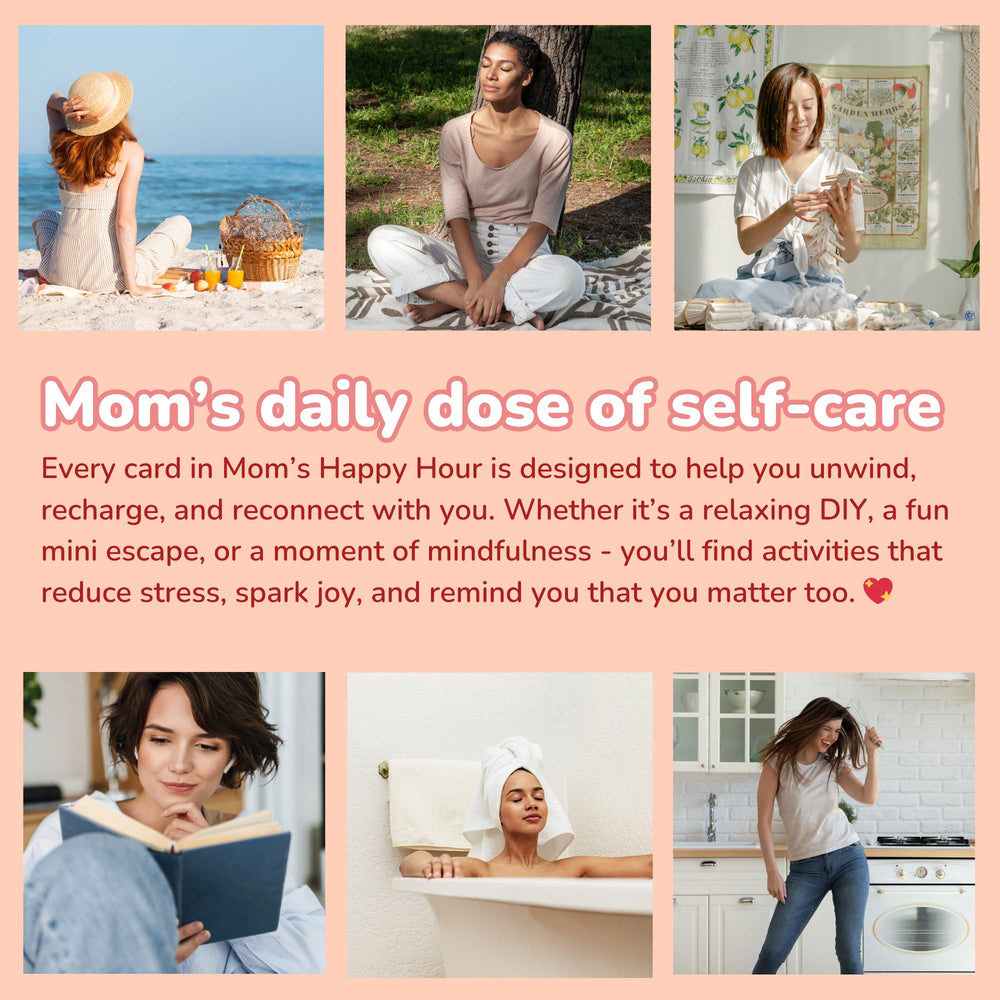New mom relaxation scene with self care cards and calm moment.
