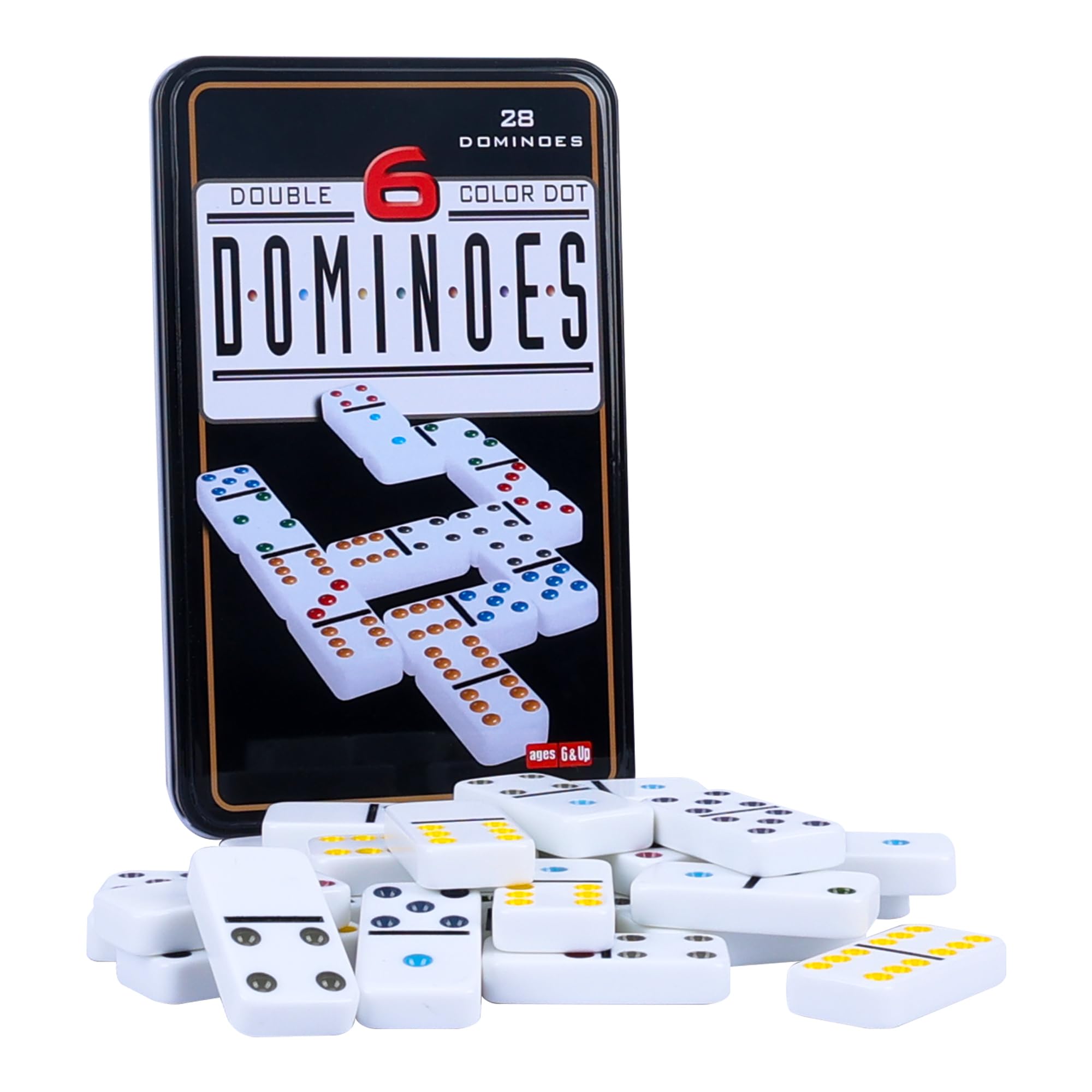 GOTHINK double-six dominoes in tin box for easy storage and travel.