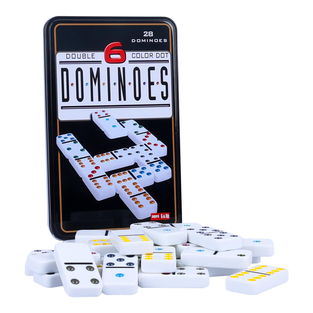 GOTHINK double-six dominoes in tin box for easy storage and travel.