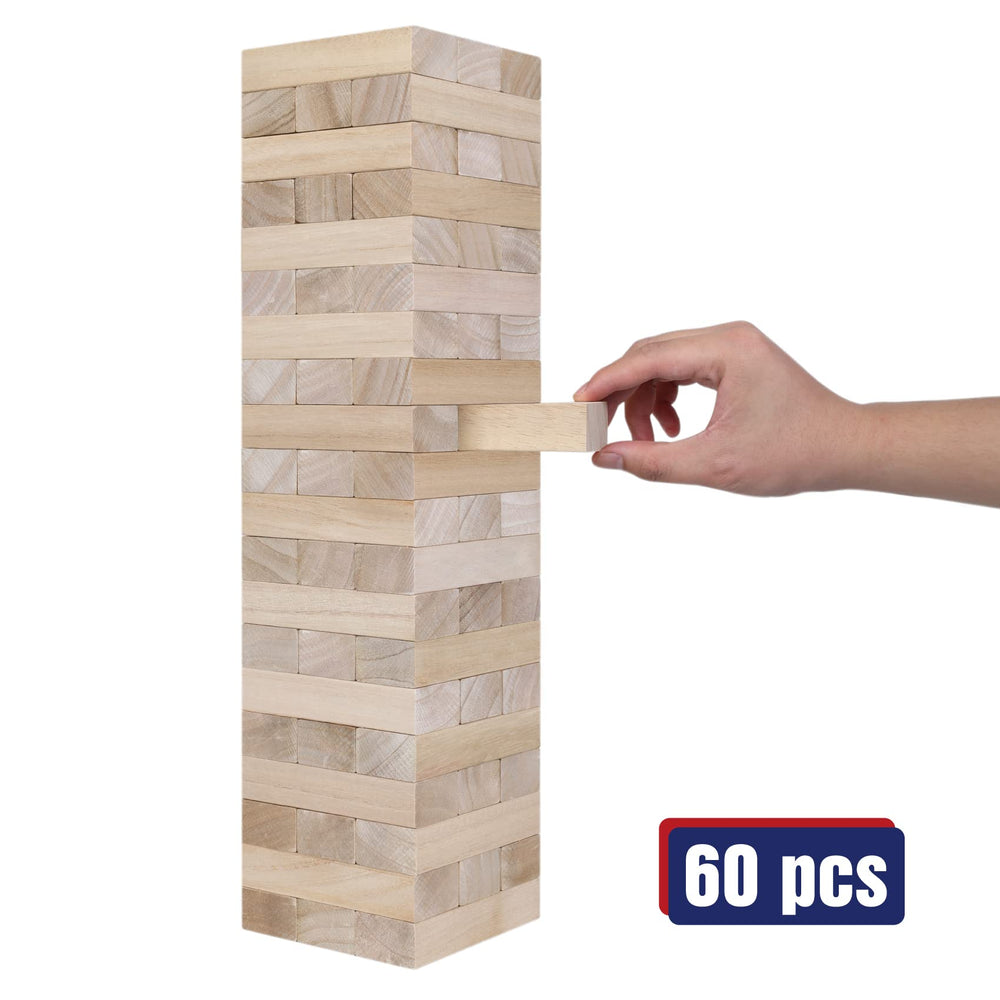 GOTHINK Giant Tumble Tower blocks stacked mid-assembly demonstrate durable, FSC-certified wood for outdoor use.