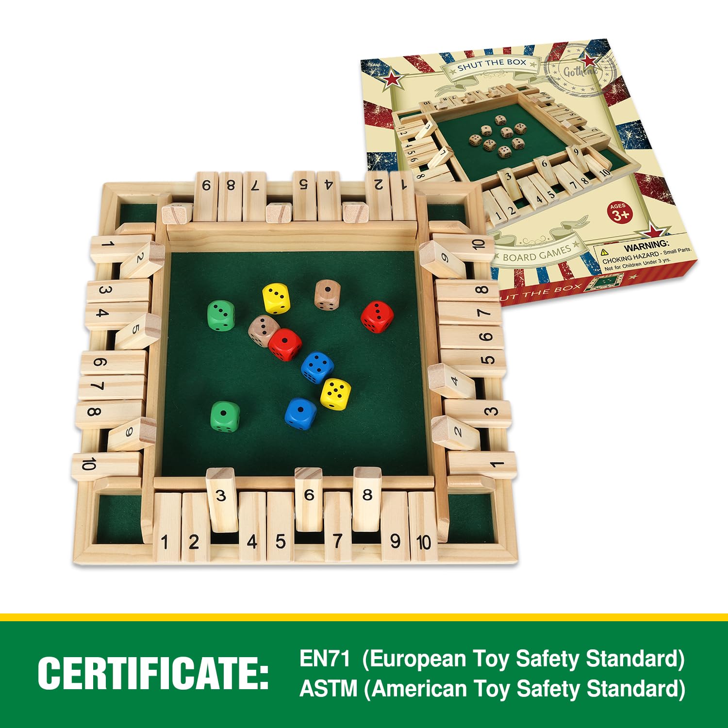 GOTHINK Shut The Box felt playing surface enhances smooth dice rolls and durable play.