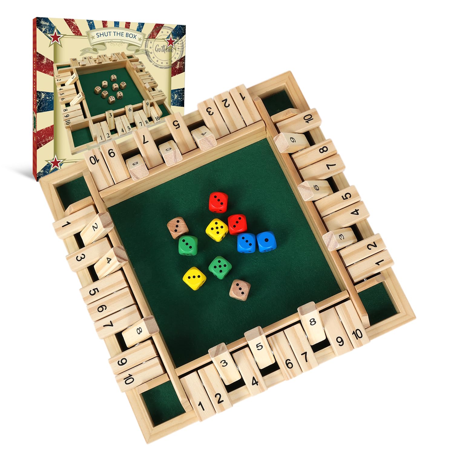 GOTHINK Shut The Box wooden board enables shared family play with strategic challenges.