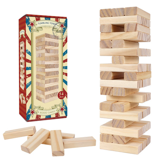 GOTHINK Tumble Tower 54-piece block set on table for family play and focus.