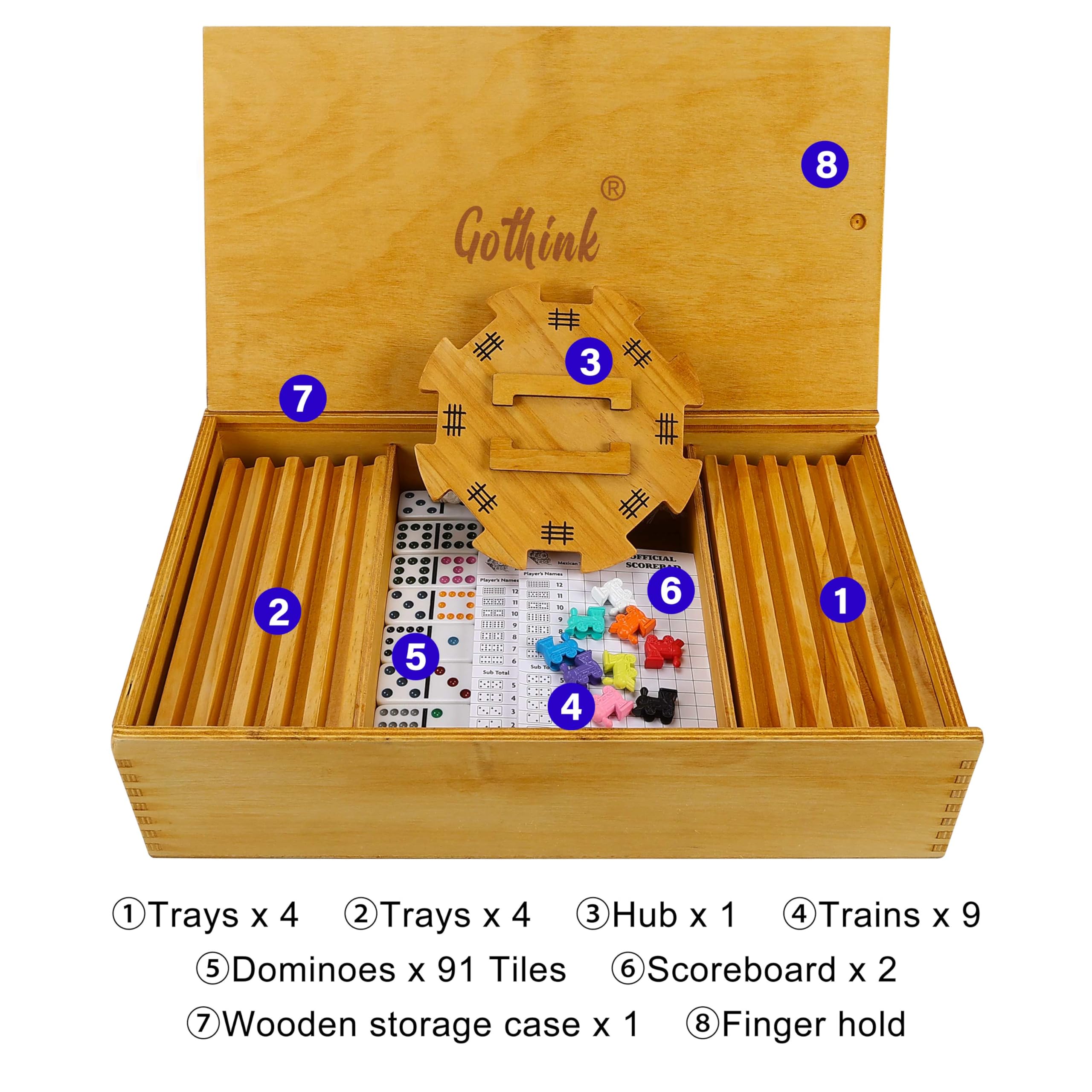 GOTHINK wooden carrying case keeps all pieces secure while traveling.