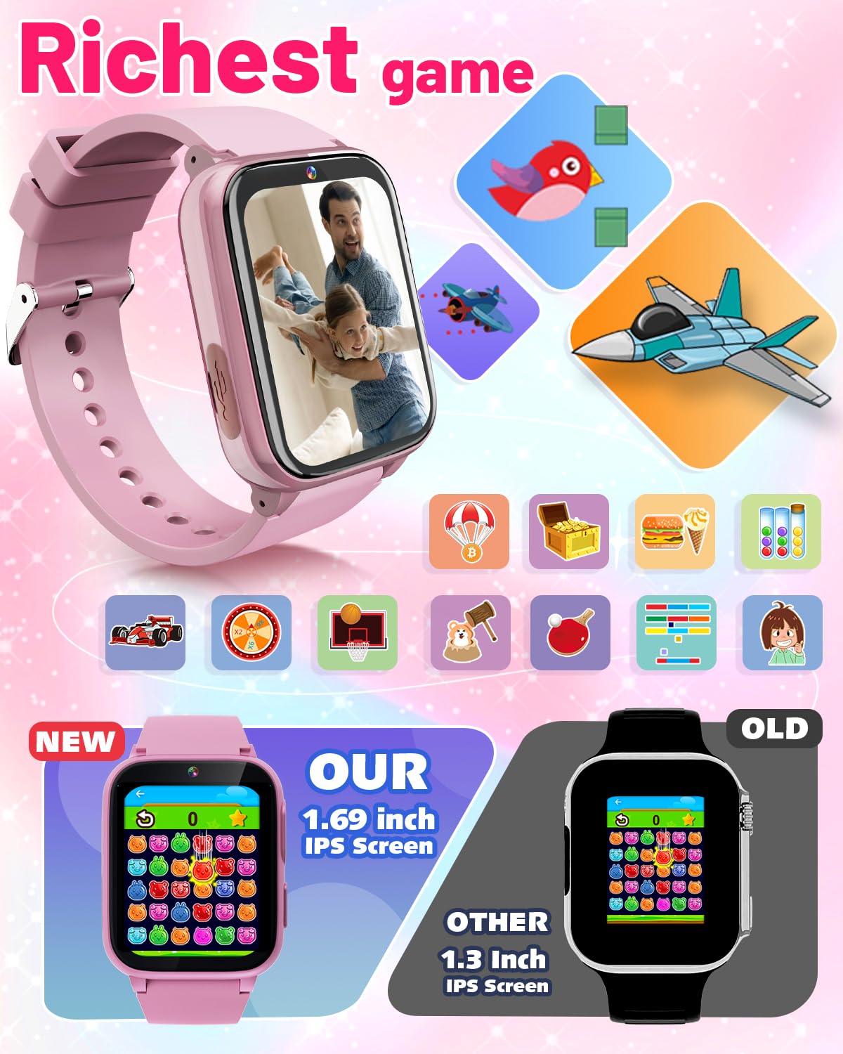 Gothwick Kids Smartwatch screen display highlights crisp 1.69-inch touch clarity.