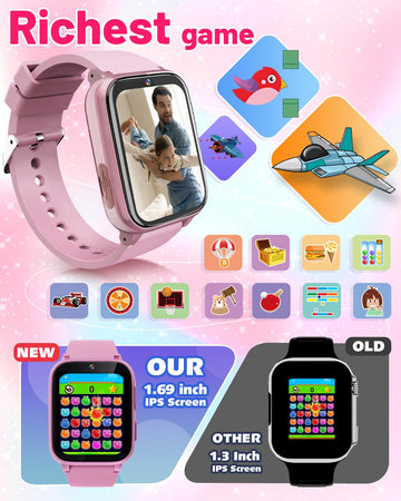Gothwick Kids Smartwatch screen display highlights crisp 1.69-inch touch clarity.